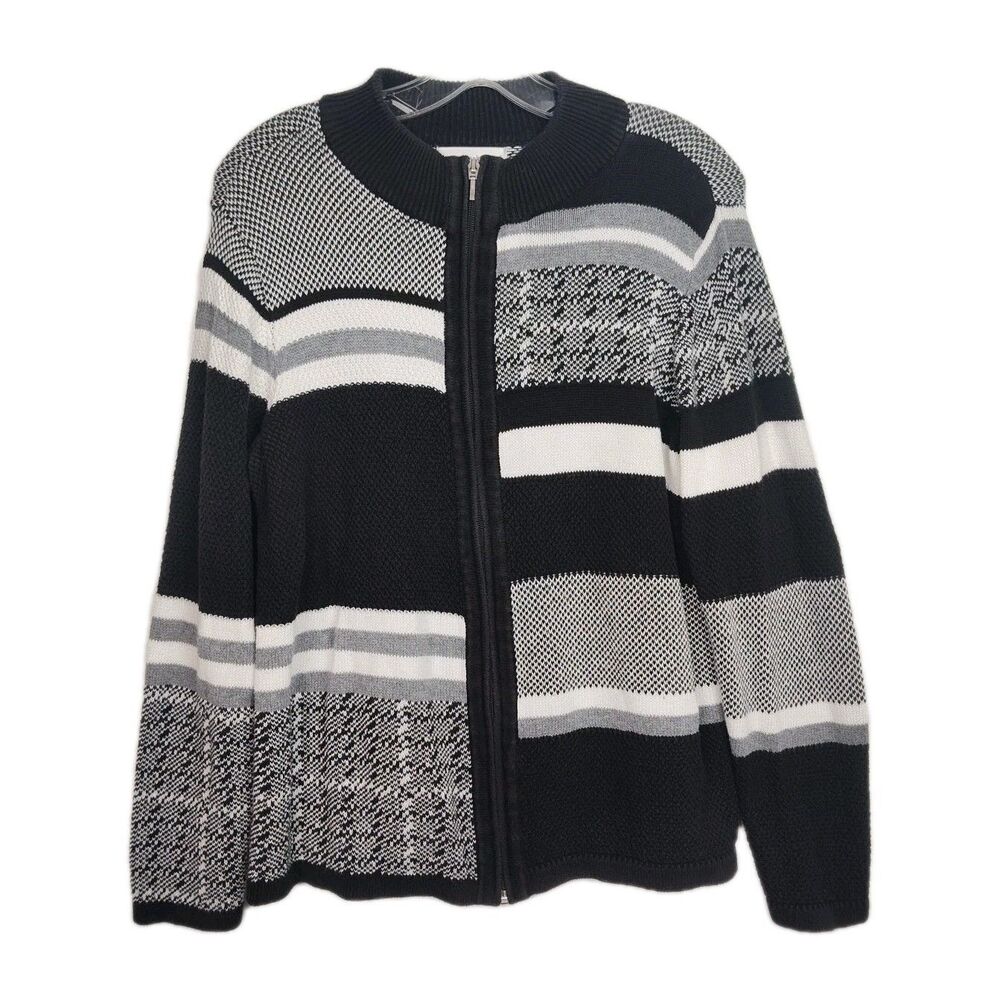CJ Banks Cardigan Sweater Women's Size L Black & White Full-Zip Long Sleeves